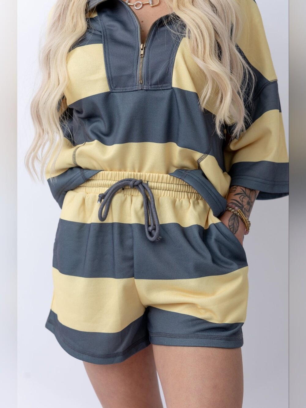 LovLov 2 Piece Set Yellow Grey Rugby Striped Half Zip Shorts Lounge L - Picture 2 of 12
